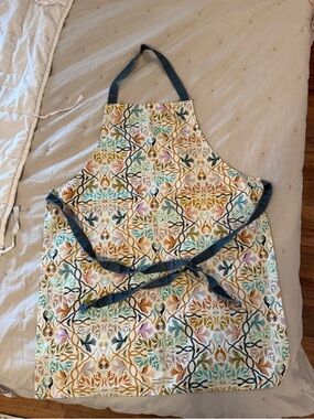Artist designed Floral bird Pattern Cotton Kitchen Apron with Navy Trim